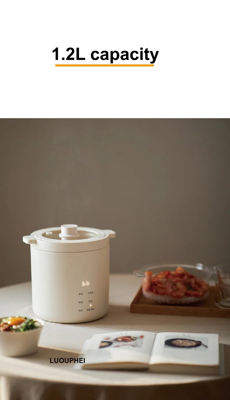 White 1.2L electric rice cooker with lid closed, meal prep on tabletop