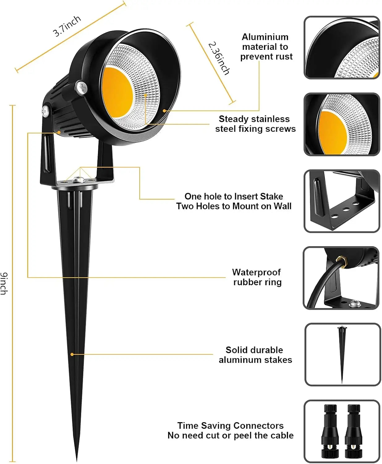 1-Meter Wire 10W Low Voltage LED Landscape Lighting with Connectors, 12V Outdoor Spotlights Garden Pathway Lights, 1000LM