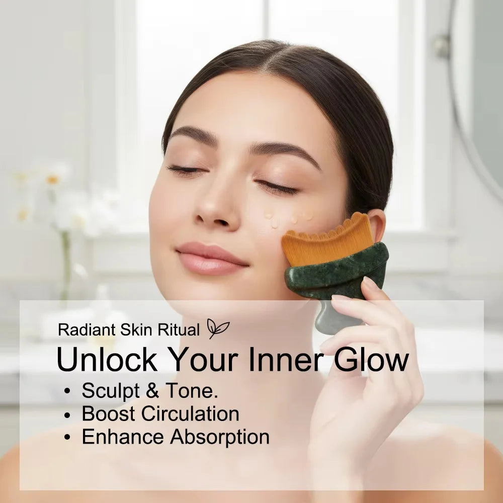 Woman using a dark green jade-style contour face brush with soft brown bristles on her cheek in a spa setting.