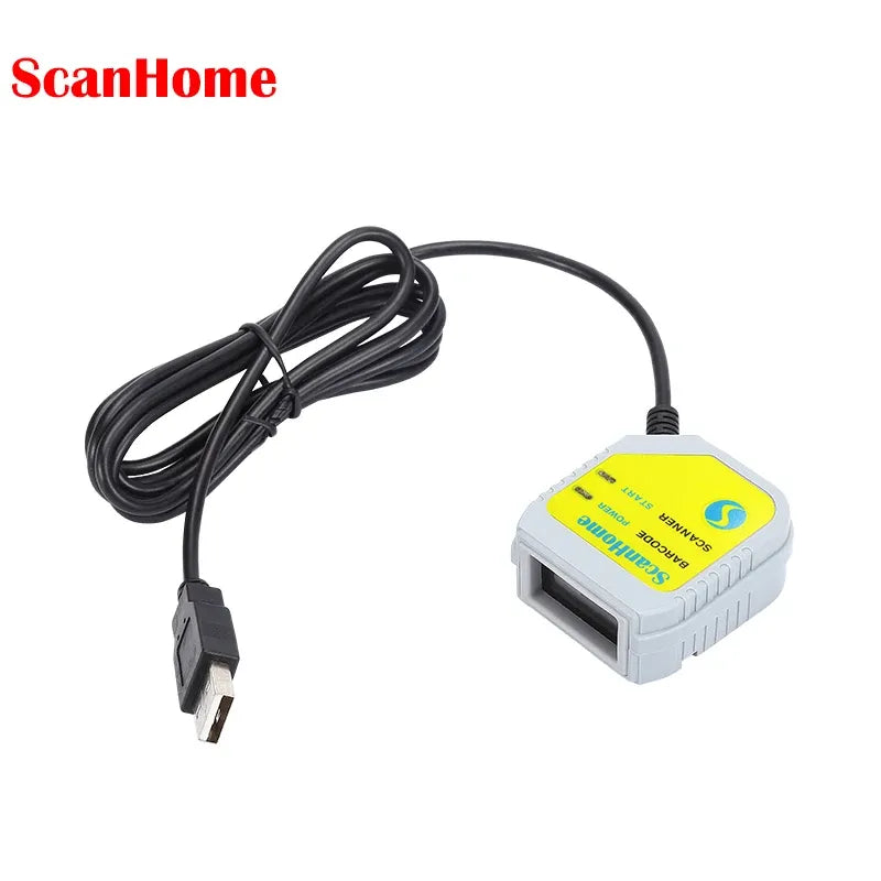 White embedded barcode scanner with yellow label and attached cable