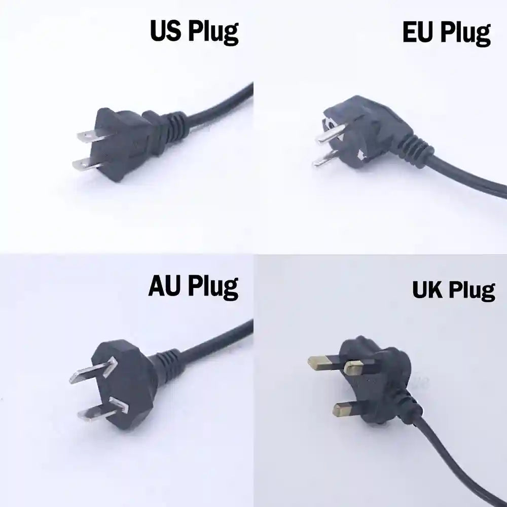 Four types of power plugs for electric detox foot spa massager: US, EU, AU, and UK adapters on a white background.