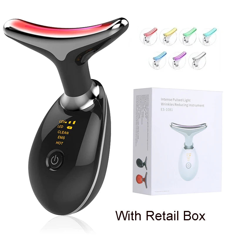 Black, T-shaped wrinkle reducing facial massager with LED light settings, digital display, and a retail product box.