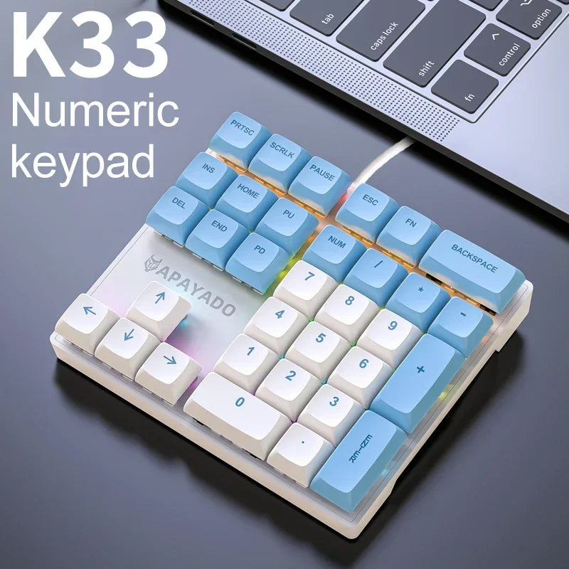 K33 Wired Mechanical Numeric Keypad With Multi-color Lights  Suitable for Finance, Business, 33-Key Laptop Numeric Keyboard