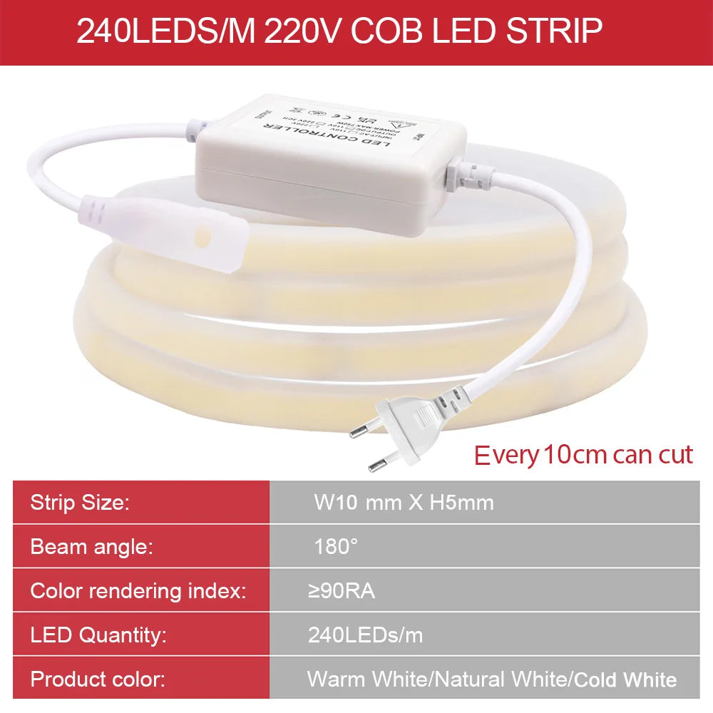 Wall Touch COB LED Neon Strip Light Wifi Bluetooth 23key Remote Control 220V Dimmer Power Kit 5m 10m 20m 40m 0.5m 240LED/m Flex
