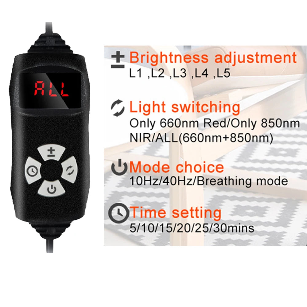 Red and infrared light therapy controller for pain relief with brightness, mode, and timer settings for therapy wraps.