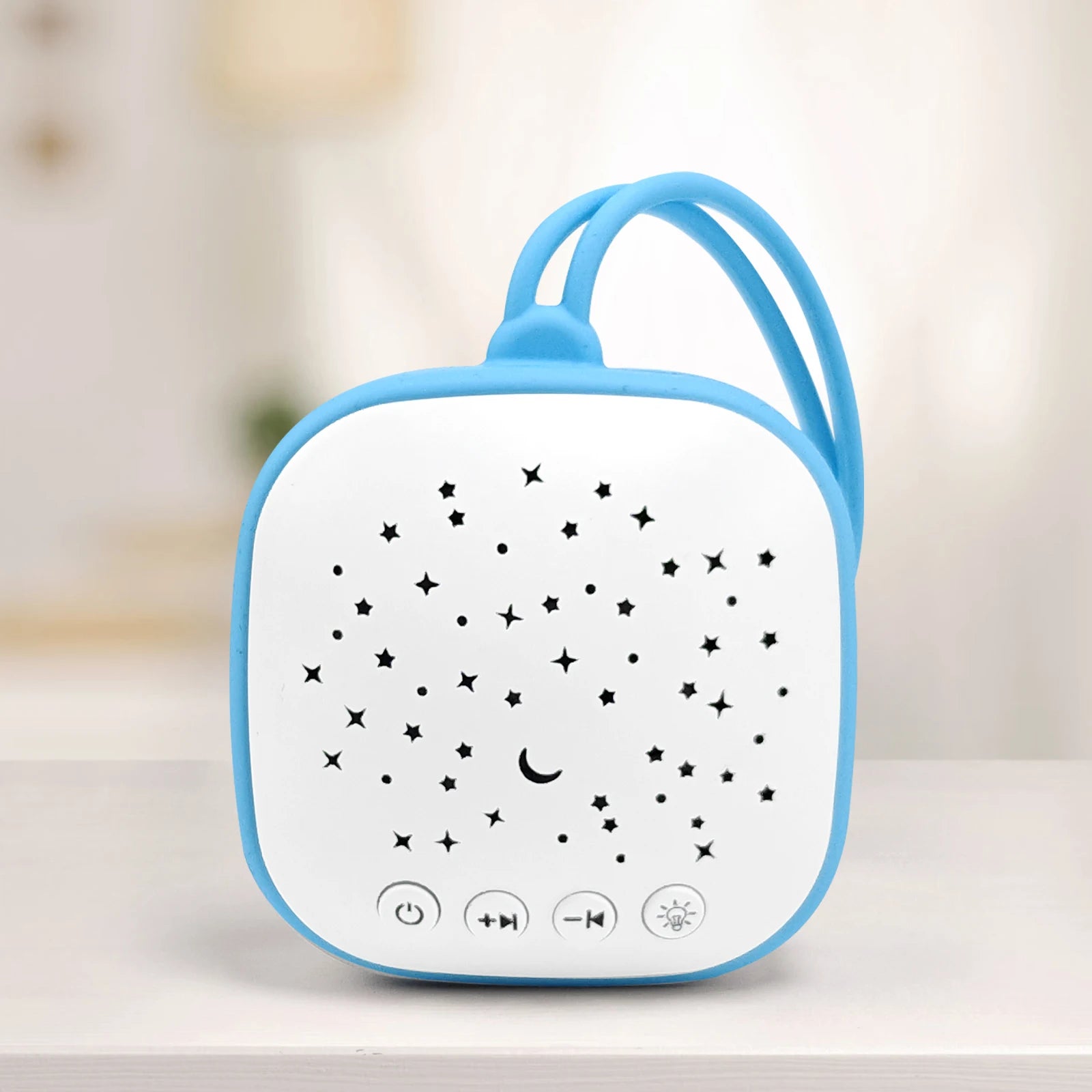 Blue and white portable sleep aid and white noise machine with four control buttons for better baby sleep.