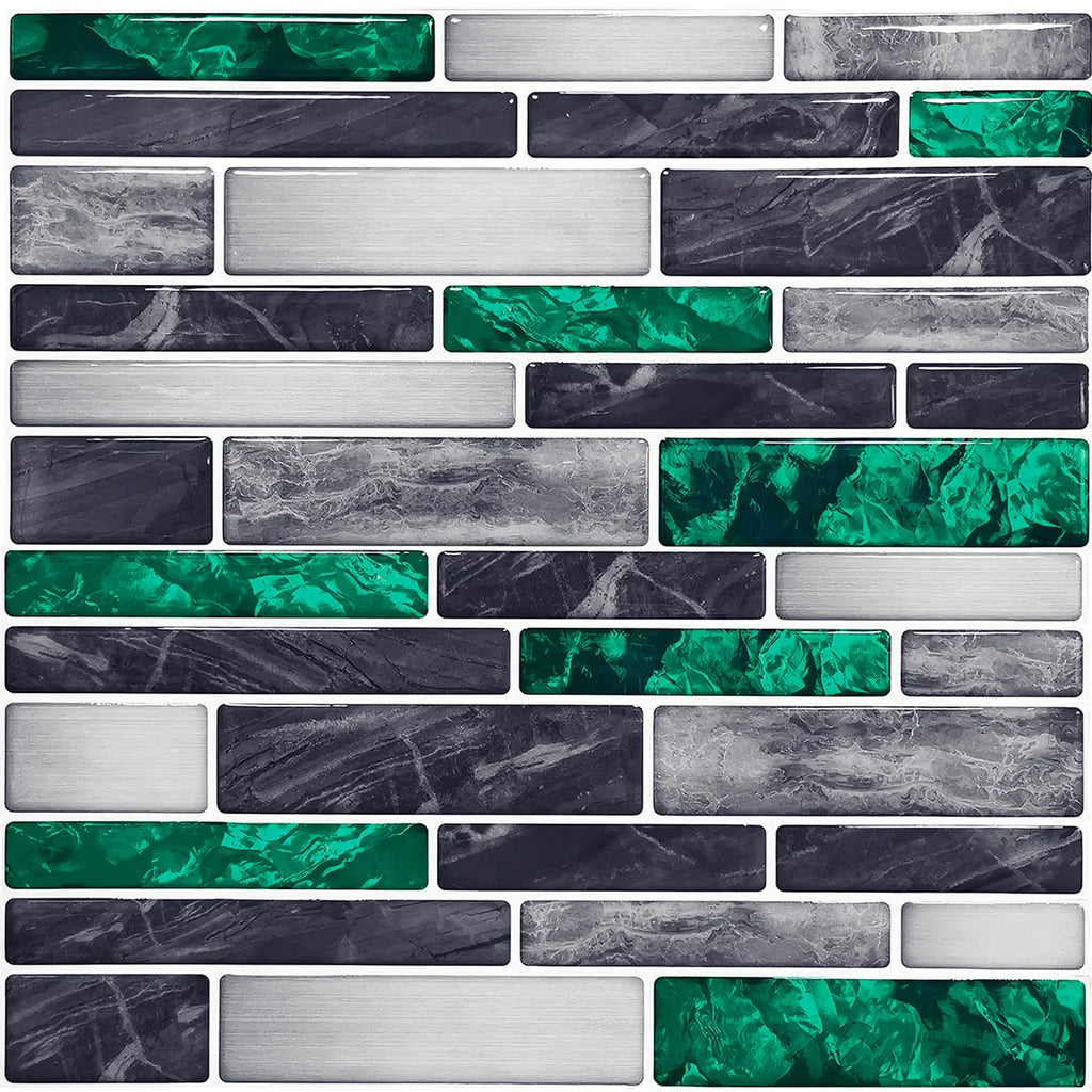 Self-adhesive 3D mosaic tile wall sticker strips in gray, dark charcoal, and green