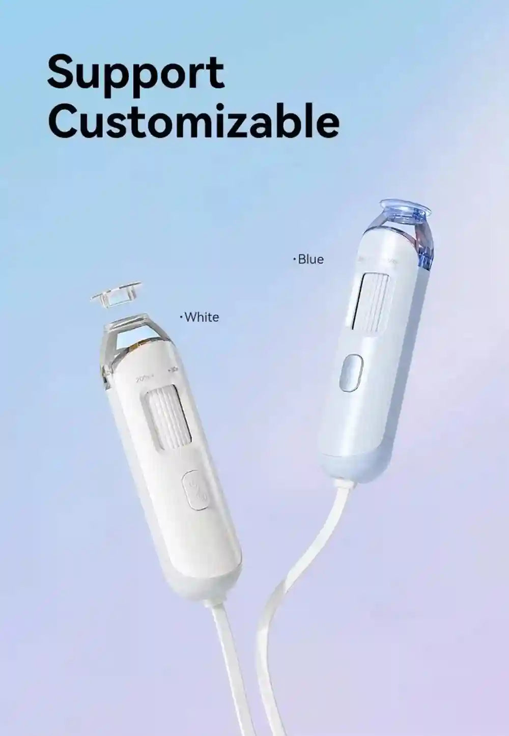 HD digital skin and scalp dermatoscope analyzer with 50X/200X lens in white and blue, handheld diagnostic tool.
