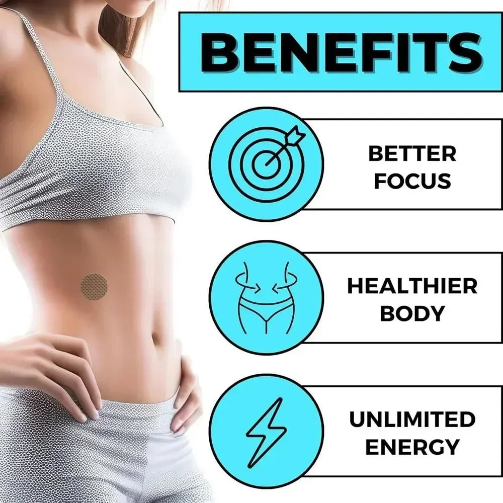 Tidesmit Vitamin B12 transdermal patches for energy, focus, and body wellness. 30-pack vitamin supplement benefit chart.