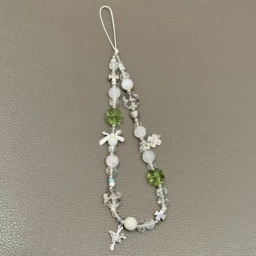 Korean Cute Green Clear Lucky XYun Beaded Keychain Phone Charm Chain Strap Pendant For Phone Accessories Bag Hanging Cord Gift