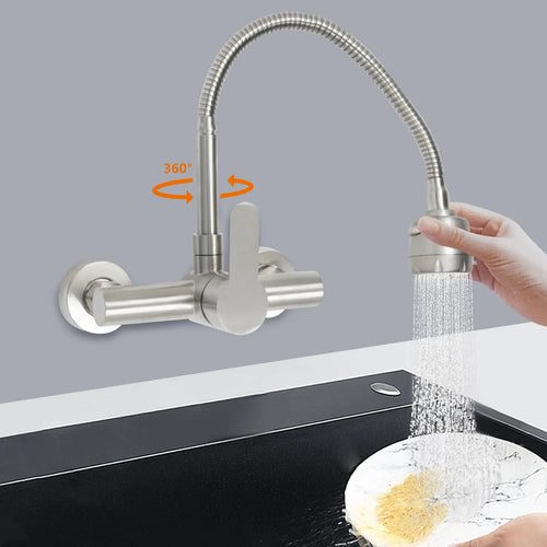 Wall-mounted kitchen faucet with flexible hose and handheld sprayer, water stream shown