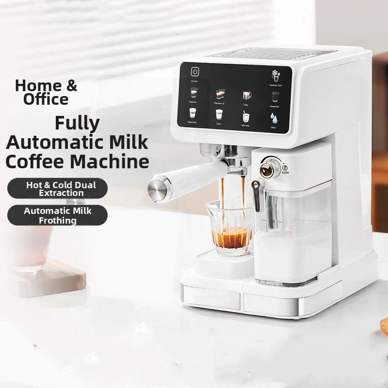 White automatic espresso machine with milk frother, touchscreen interface, and hot/cold extraction for home or office.