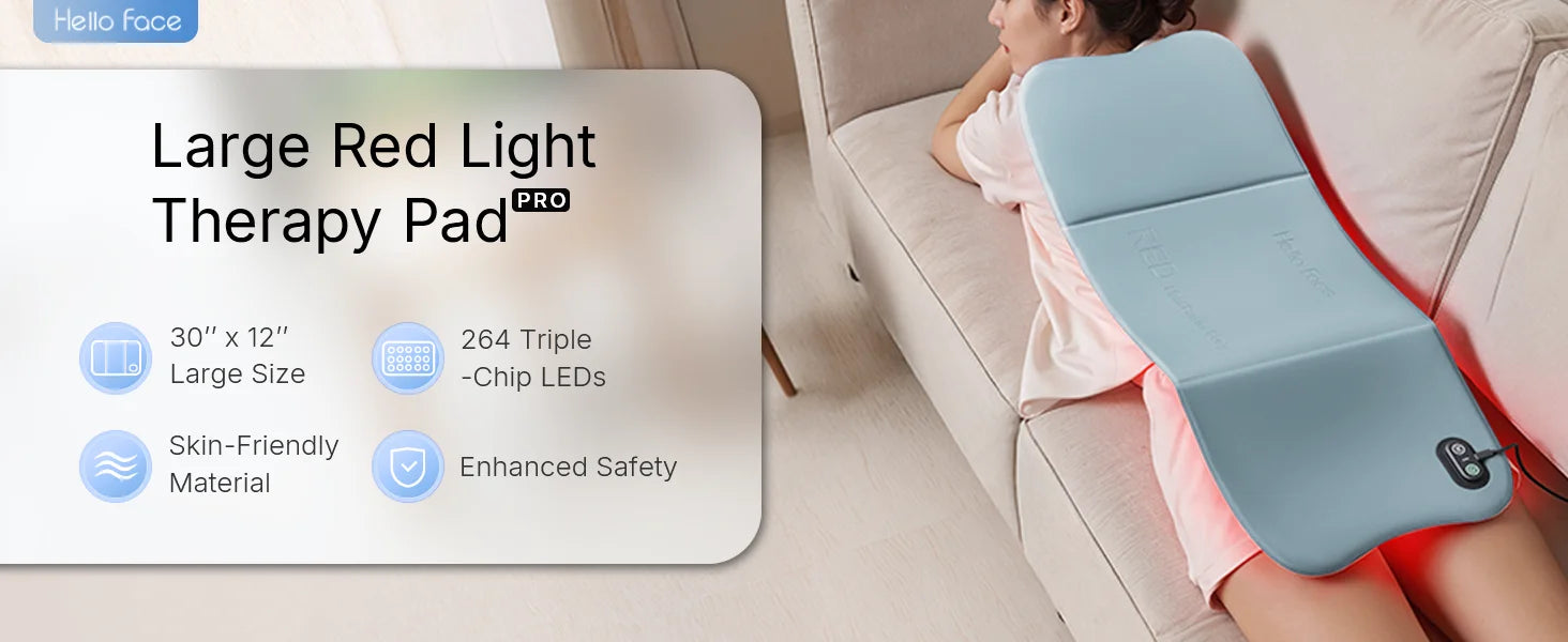 Large blue flexible LED red light therapy pad, 30x12 inches, placed on a person's back for therapeutic treatment.