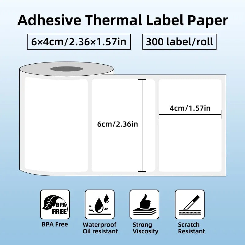 White thermal label paper roll, 6cm by 4cm rectangular blank barcode labels
