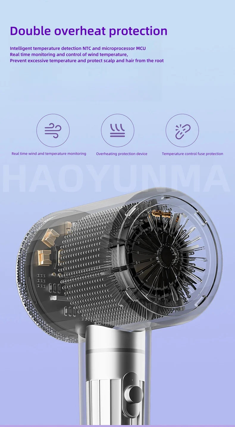 2400W ionic hair dryer featuring internal motor detail, overheat protection, and sleek silver design for salon drying.