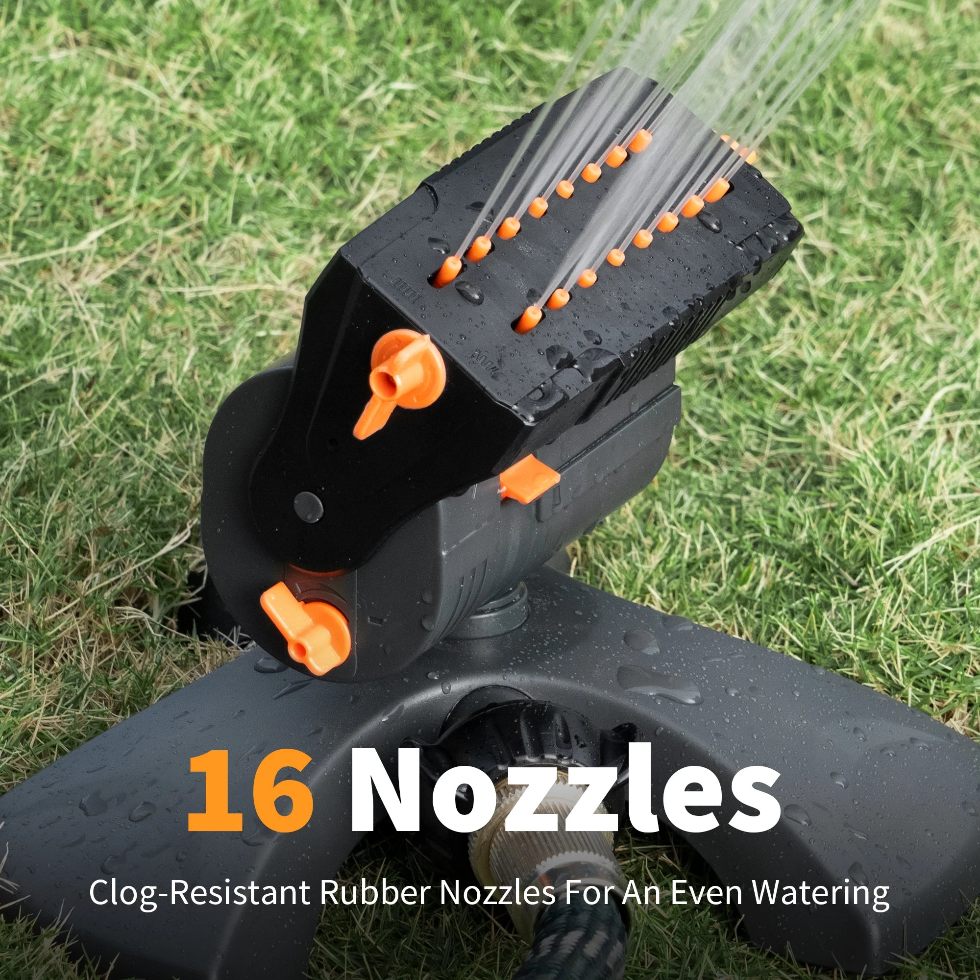 Oscillating water sprinkler nozzle array with orange jets on black head
