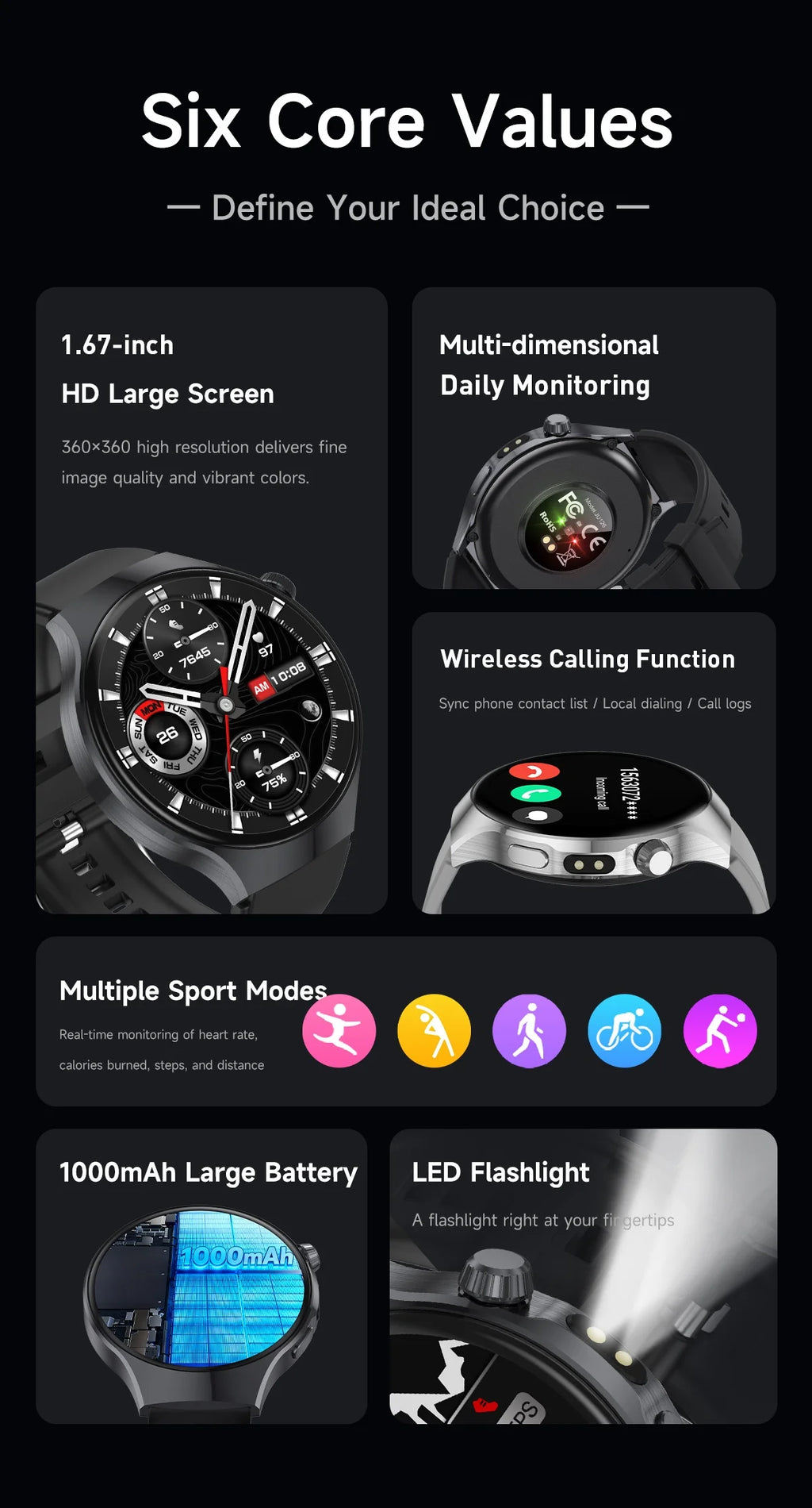 LIGE New 1000mAh Battery Smart Watch Health Monitor Bluetooth Call LED Flashlight Sports Tracker Smart Bracelet For Android ios