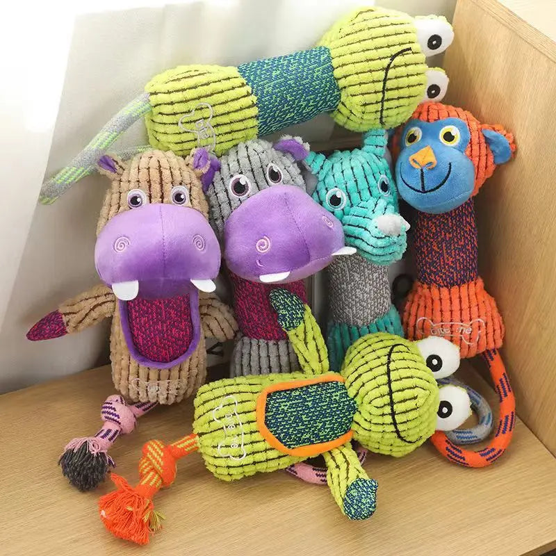 Cute squeaky plush animal dog toys with durable rope for interactive play, dental cleaning, and puppy chewing.