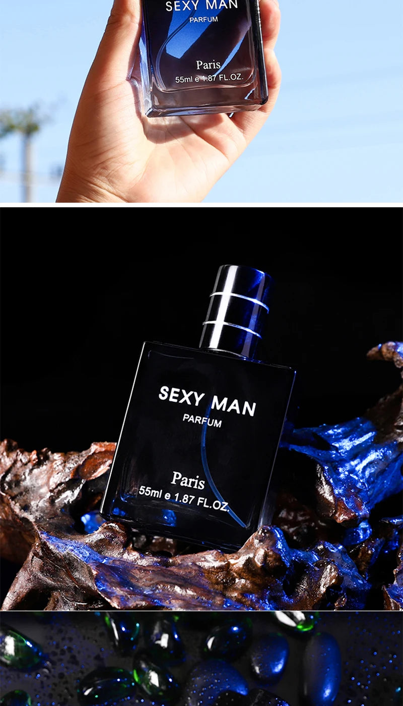 Sexy Man Paris 55ml EDP: Long-lasting blue cologne for men in a sleek, modern rectangular glass bottle. Daily scent.
