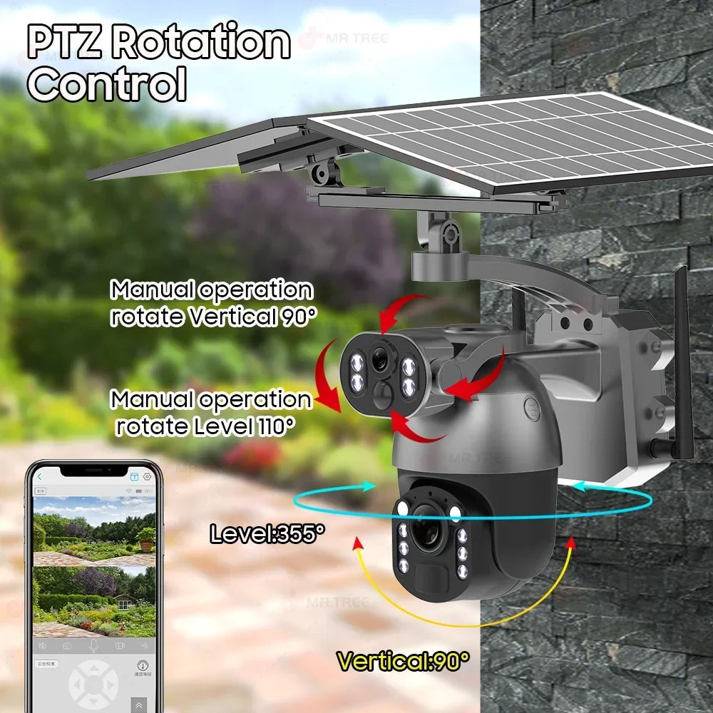 Dual-lens solar security camera with adjustable PTZ rotation for outdoor wall mounting