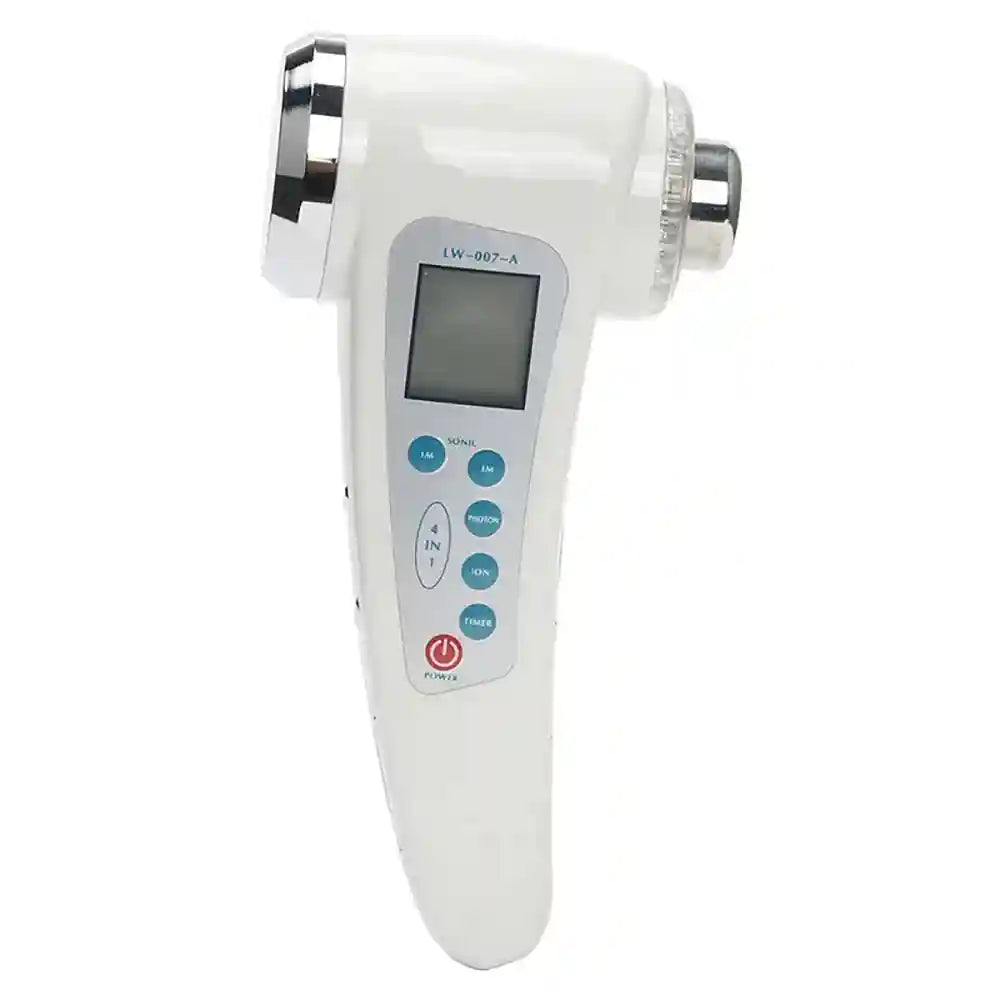 White, dual-headed ultrasonic slimming device with an LCD display and blue control buttons on an ergonomic handle.