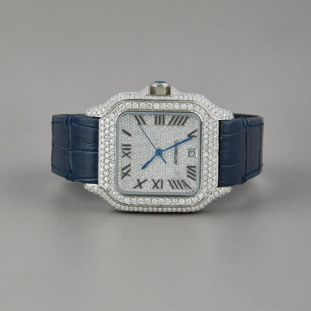 Harmonic Jewels High-End Diamond Square Women's Automatic Watch Sapphire Crystal Analog Stainless Steel Case Blue Leather Strap