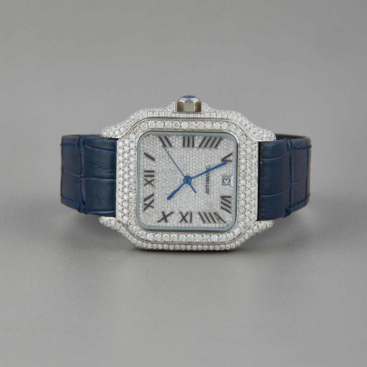Harmonic Jewels High-End Diamond Square Women's Automatic Watch Sapphire Crystal Analog Stainless Steel Case Blue Leather Strap