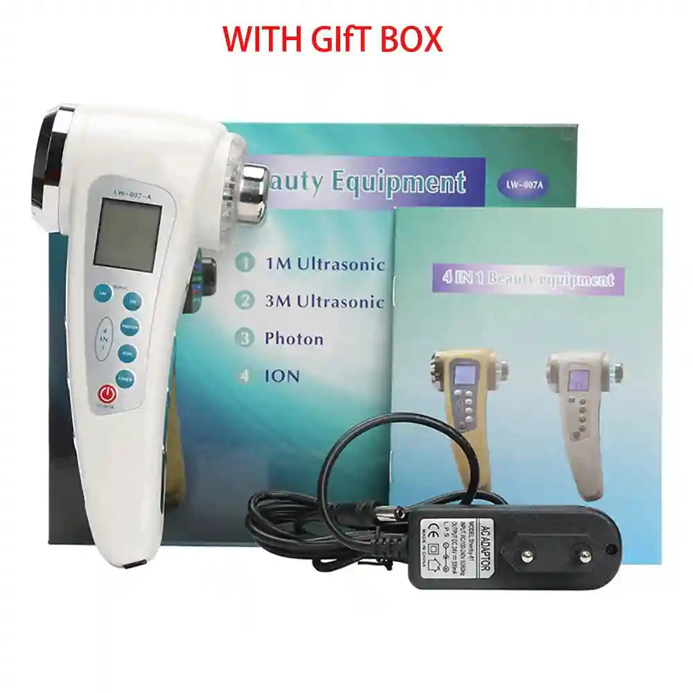 White, handheld ultrasonic face and body massager with control panel, power adapter, and gift box.