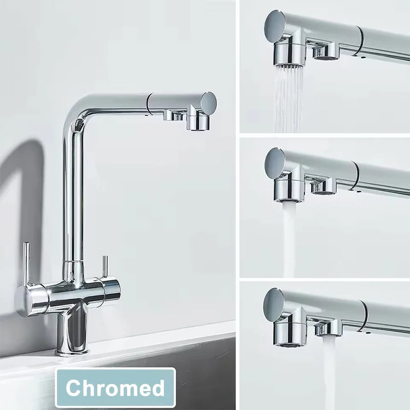 Black Water Purifier Kitchen Faucet 2 In 1 Pull Out Flexible Hot and Cold Water Mixer Tap with Filter Nozzle Faucets
