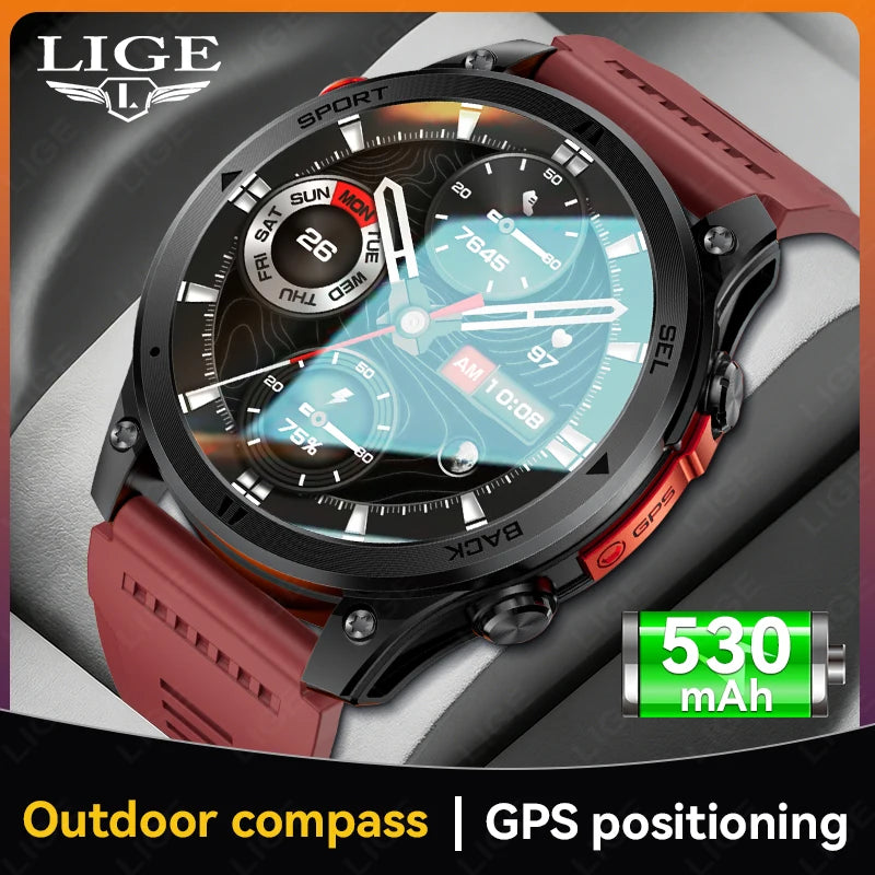 LIGE New Global Hiking Smart Watch 1.46''HD Screen 530mAh Battery GPS Path Track Outdoor Sport Fitness Waterproof Smartwatch Men