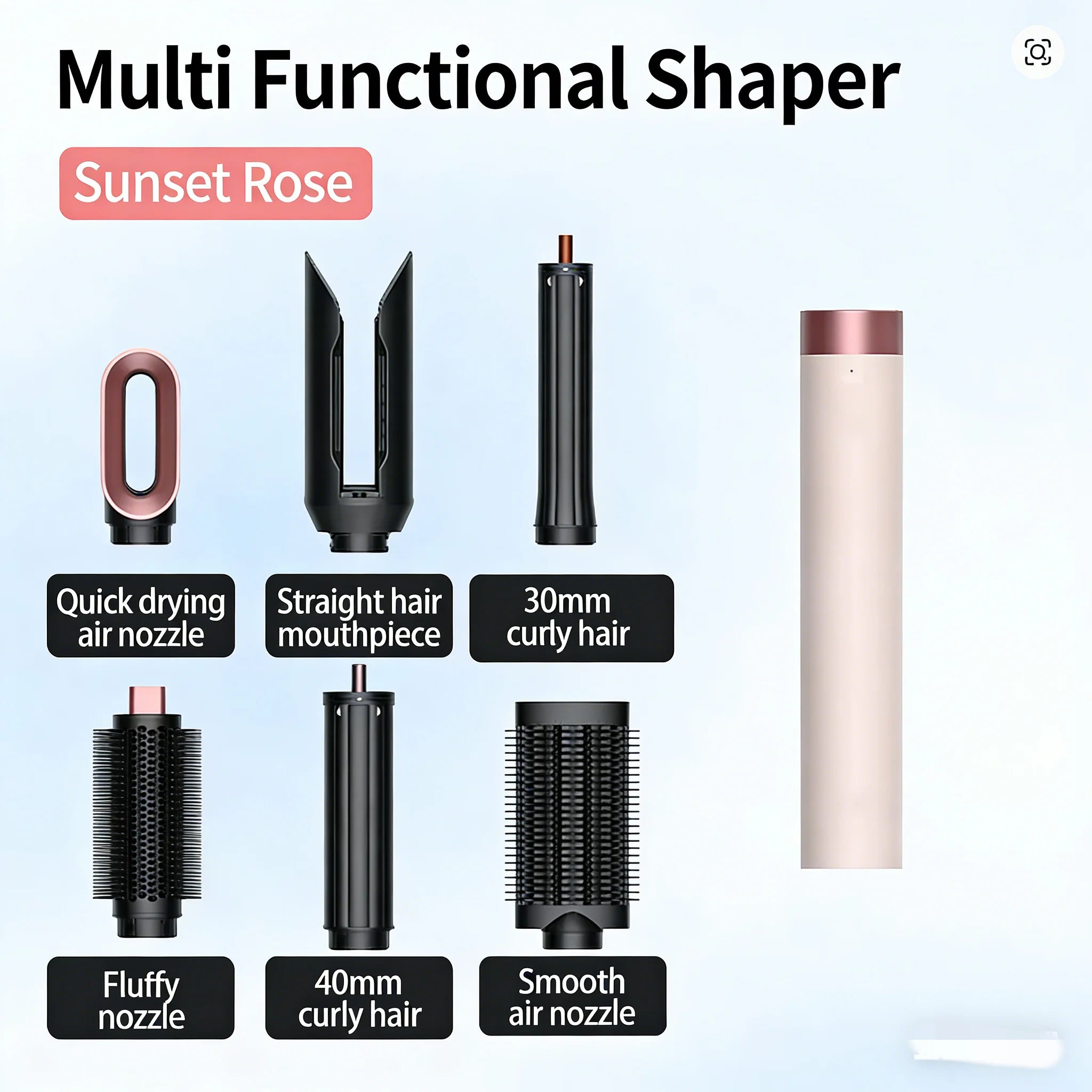 SenCiciMen 6-in-1 sunset rose hair styler set with drying, straightening, and curling barrel attachments.