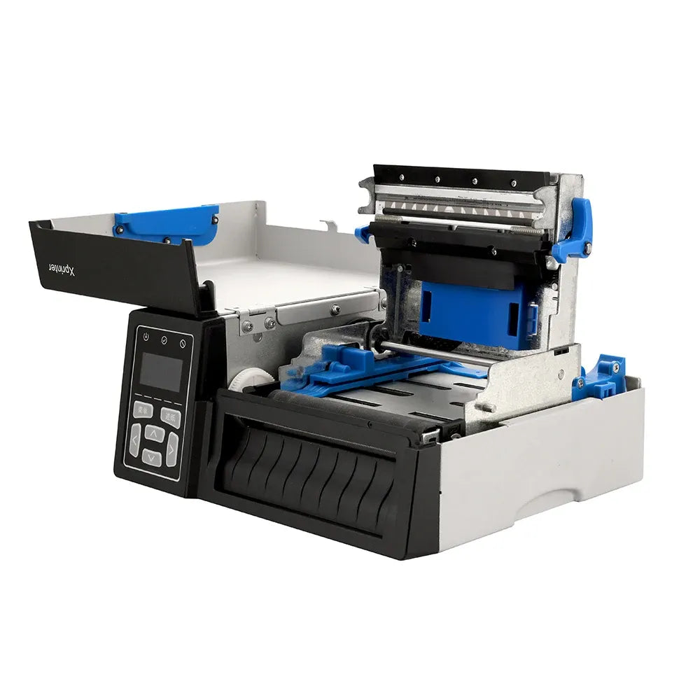 Industrial thermal label barcode printer with open print mechanism and blue internal parts