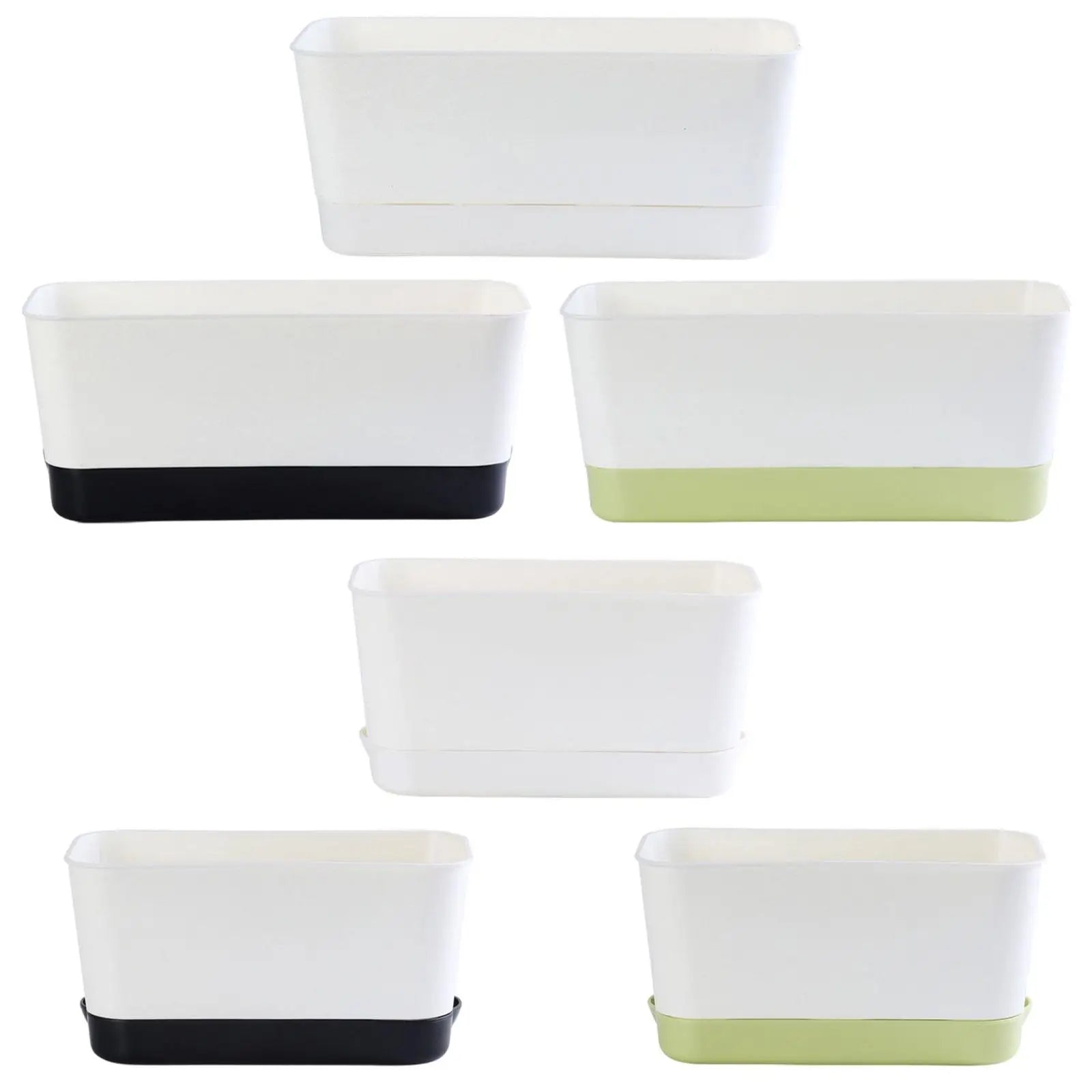 Rectangular window box planter with white body and black base, breathable design.