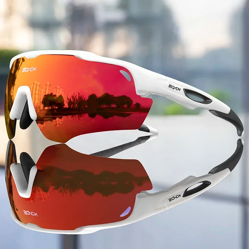 Cycling sunglasses with red reflective lens and white frame, black temple grips