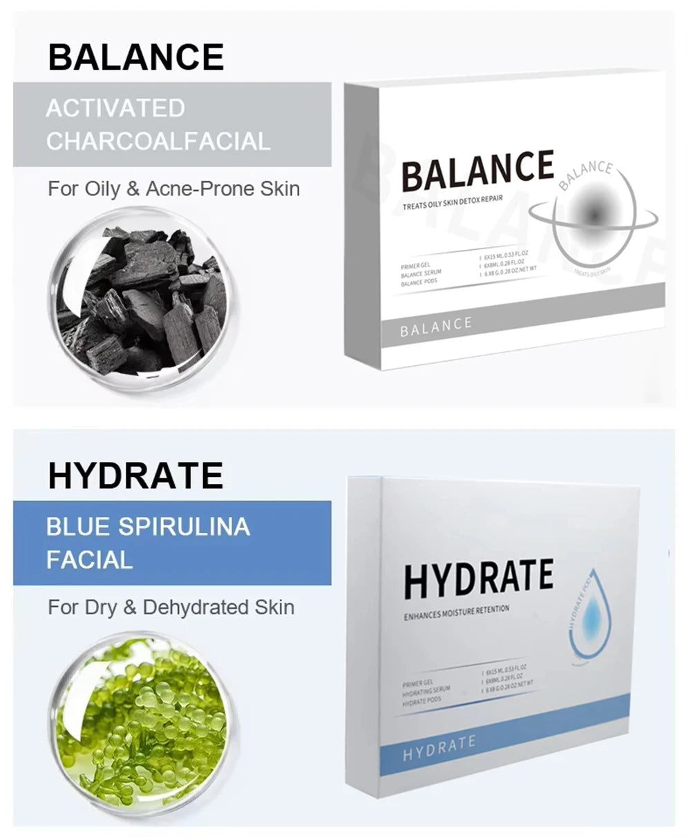 Two white skincare kits: "Balance" with charcoal for oily skin and "Hydrate" with blue spirulina for dry skin.