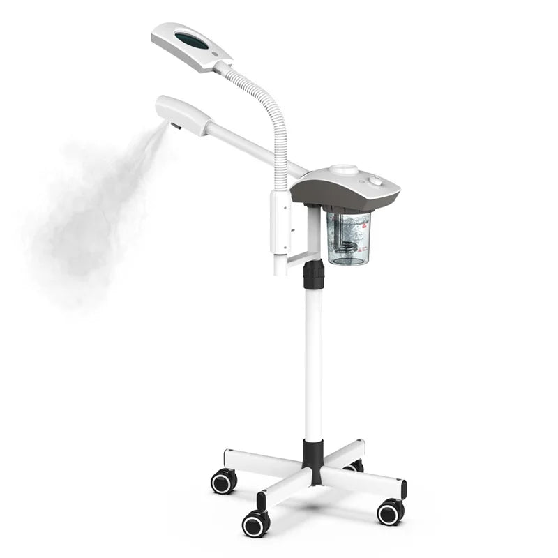 Professional ozone facial steamer with magnifying lamp, white rolling stand, and mist spray for deep skin cleansing.