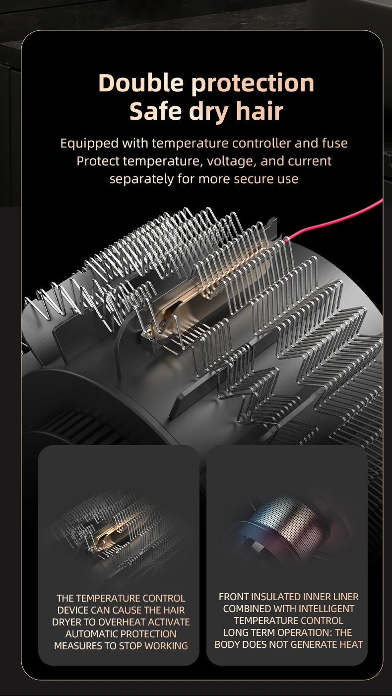 Black wall-mounted hair dryer showing internal heating coils and insulation for safe, overheat-protected hair drying.