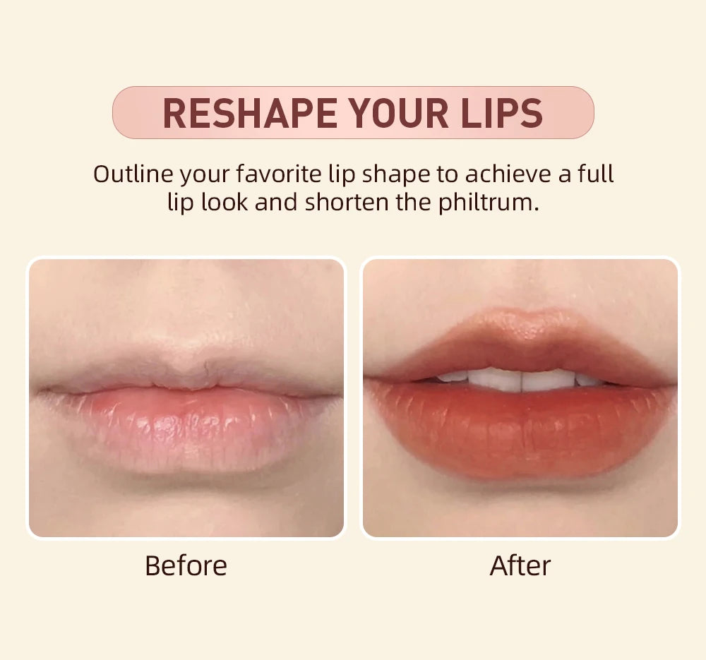 Before and after using QIBEST matte velvet lip liner to reshape, contour, and plump lips for a fuller look.