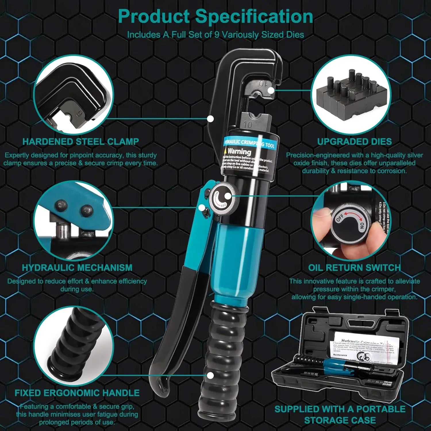 Professional 10-Ton Hydraulic Crimping Tool Kit with 9 Dies, for Battery Terminals & 16/10/8/6/4/25/35/50/70mm² Cable