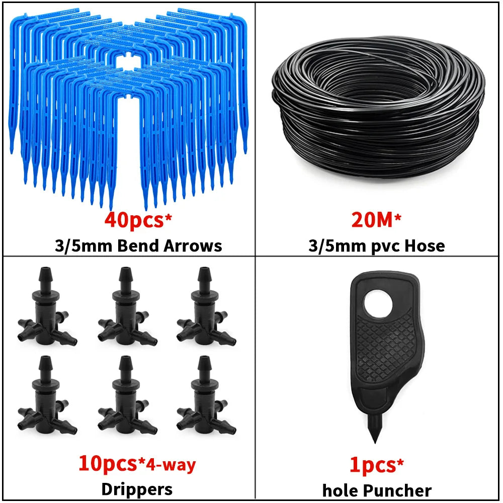 4-way drip irrigation kit with coiled 3/5mm hose, 10 blue drippers, and hole puncher