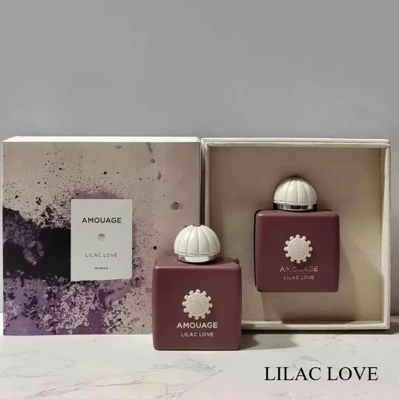 Amouage Lilac Love women's perfume: square purple bottle, floral oriental scent with vanilla, musk, and woody notes.