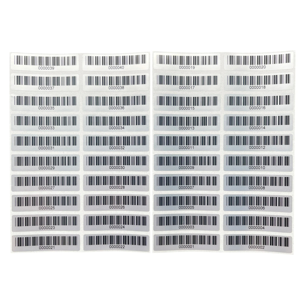 Matte silver PET barcode asset labels sheet, densely packed rectangular labels in rows