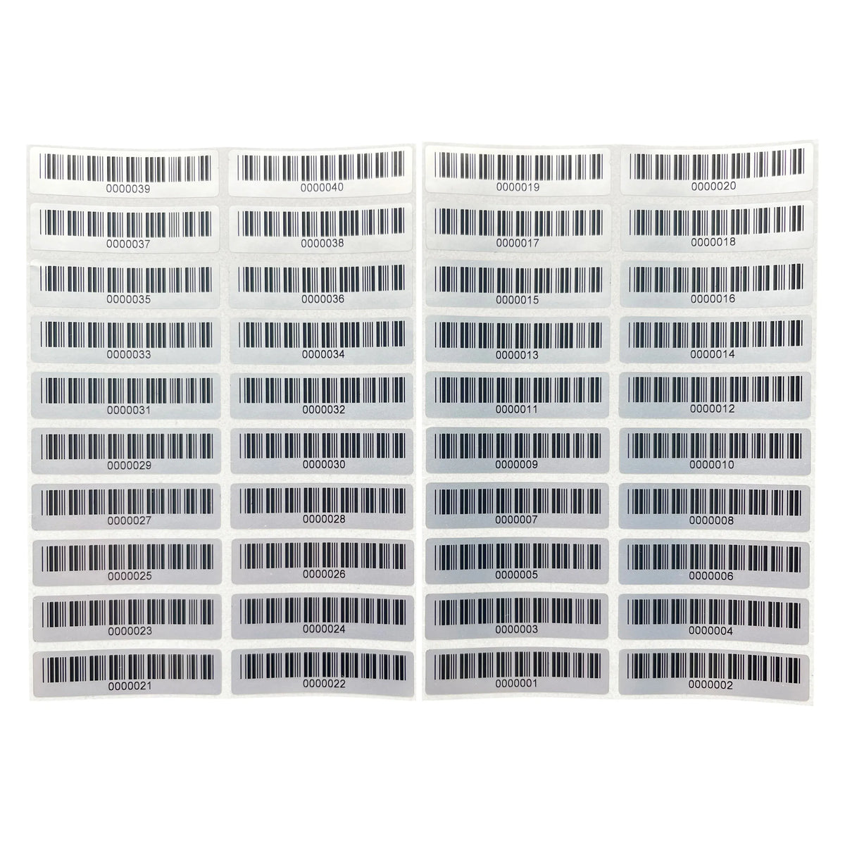 Matte silver PET barcode asset labels sheet, densely packed rectangular labels in rows