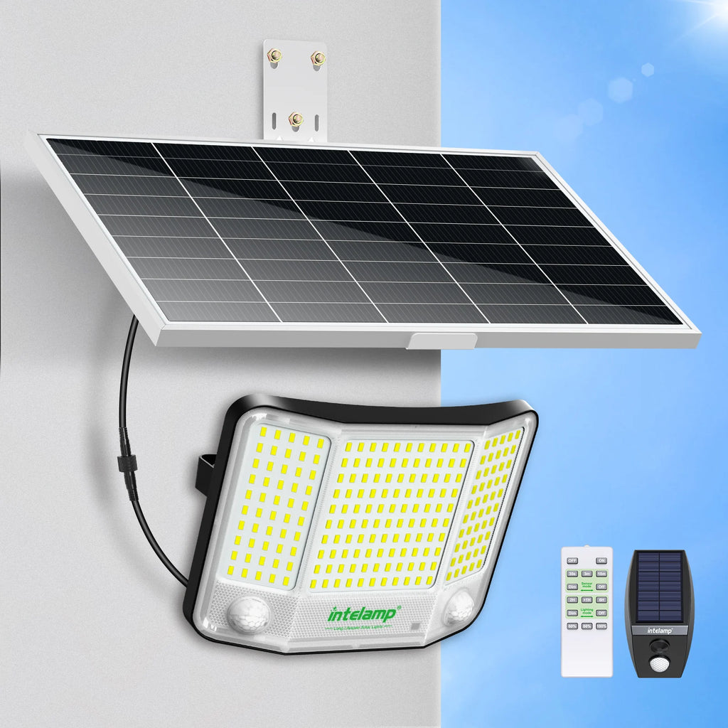 Intelamp 20000mAh Solar Flood Lights Outdoor Super Larger Solar Panel 4000LM Linkable Dual Motion Sensors For Garden Yard Garage