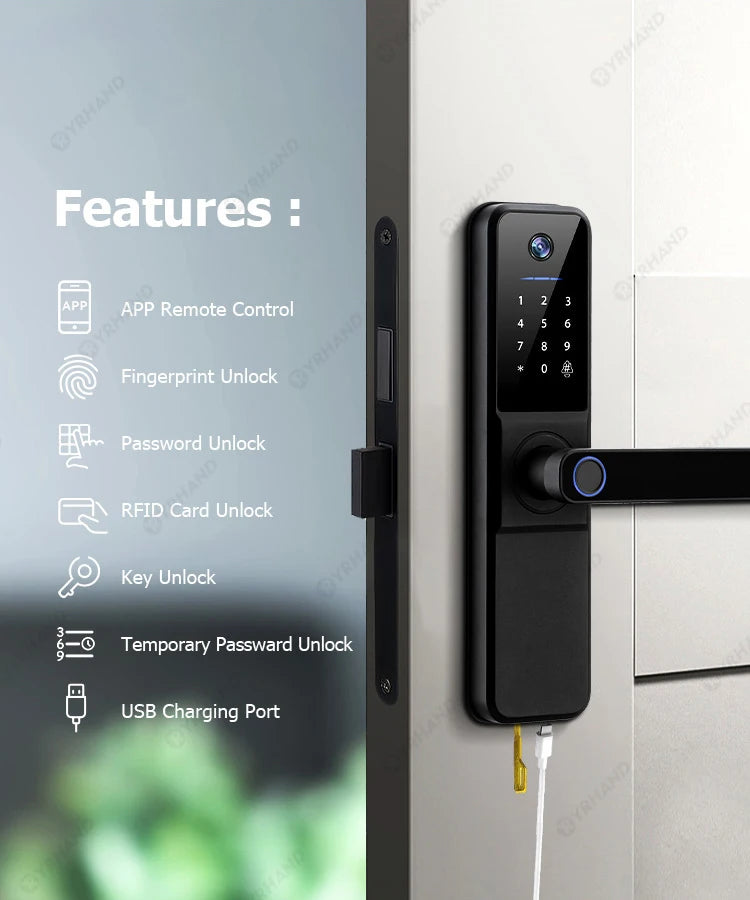 YRHAND H01 Fechadura Eletronica Tuya Wifi Digital Electronic Smart Door Lock With Biometric Camera Fingerprint IP66 Smart Lock