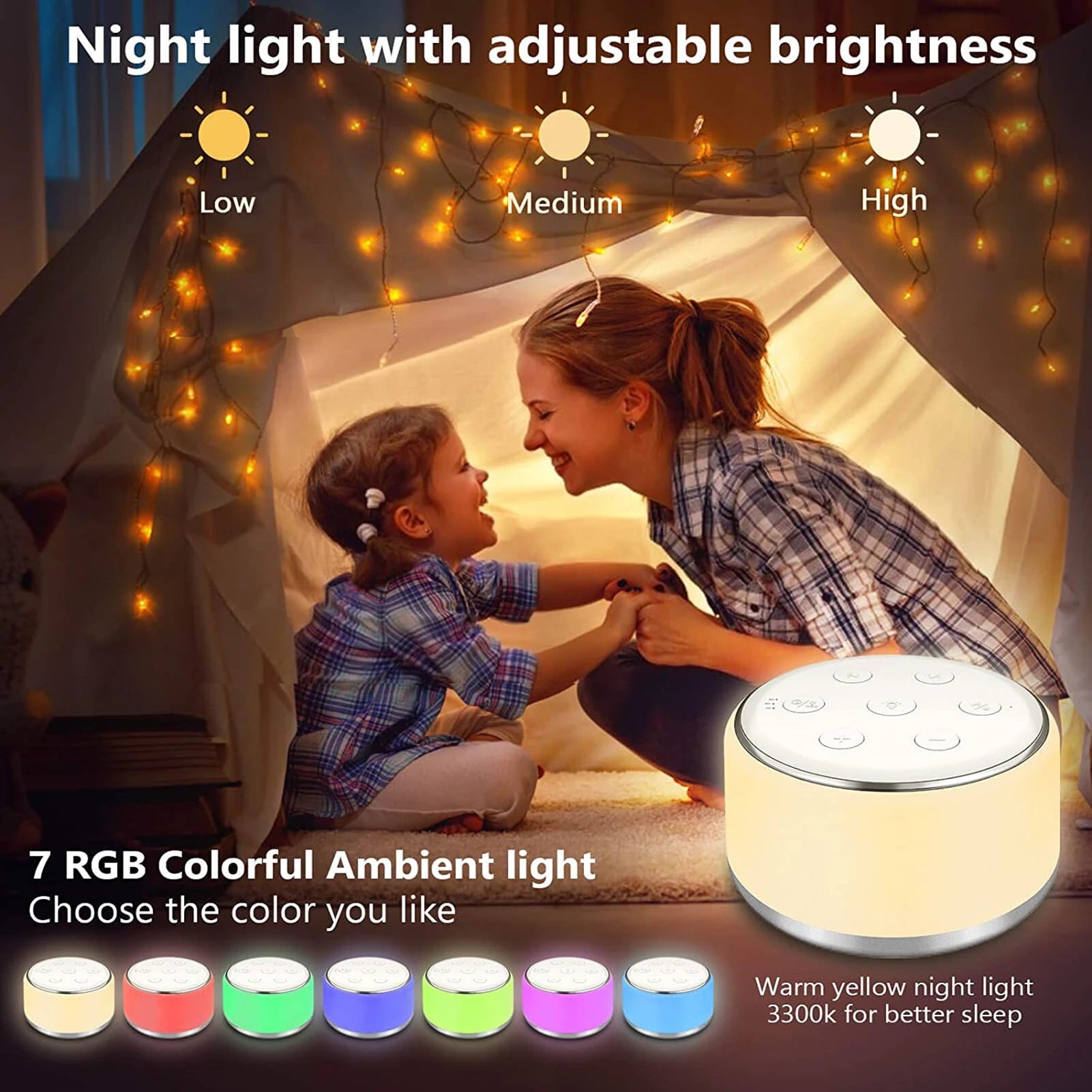 Desktop Sleep Sound Machine White Noise Machine for Baby Sleep Soother 7 Colors Night Lights 34 Soothing Sounds and Timer