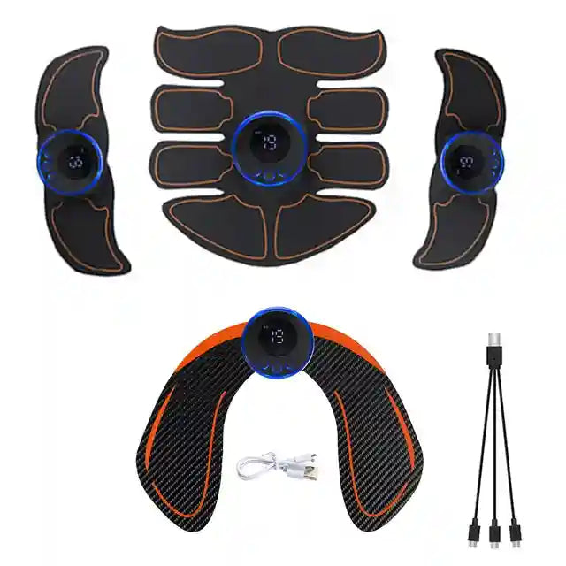 Wireless EMS muscle stimulator set featuring black silicone pads with blue digital controls and a 3-way charging cable.