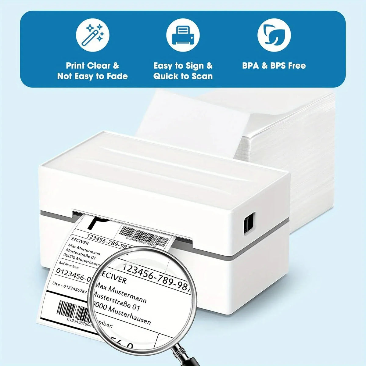 Thermal label pack beside desktop thermal printer, print clear and quick to scan
