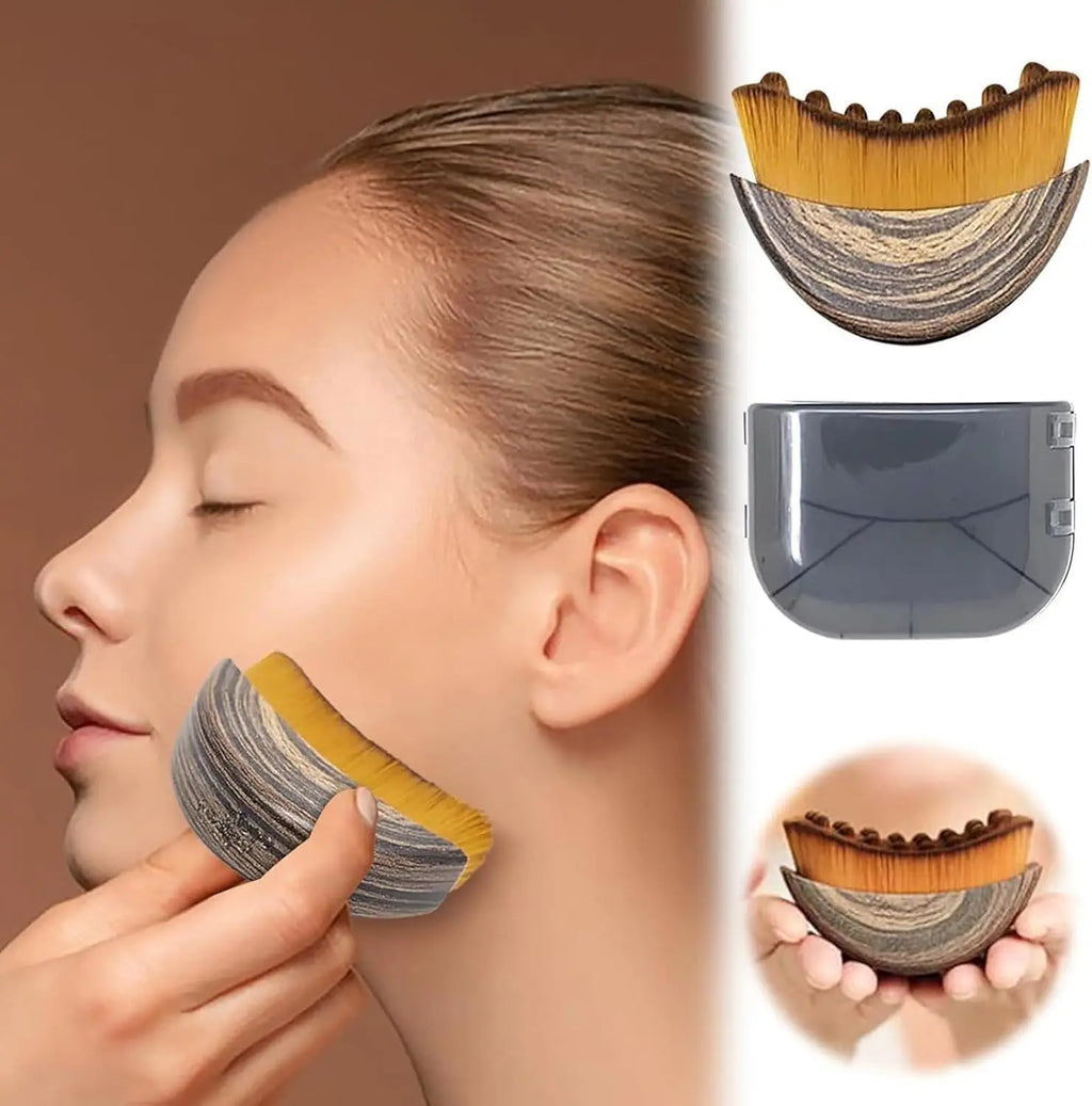 A woman using a curved, wood-grain face massager with yellow nylon bristles and a grey protective cover.