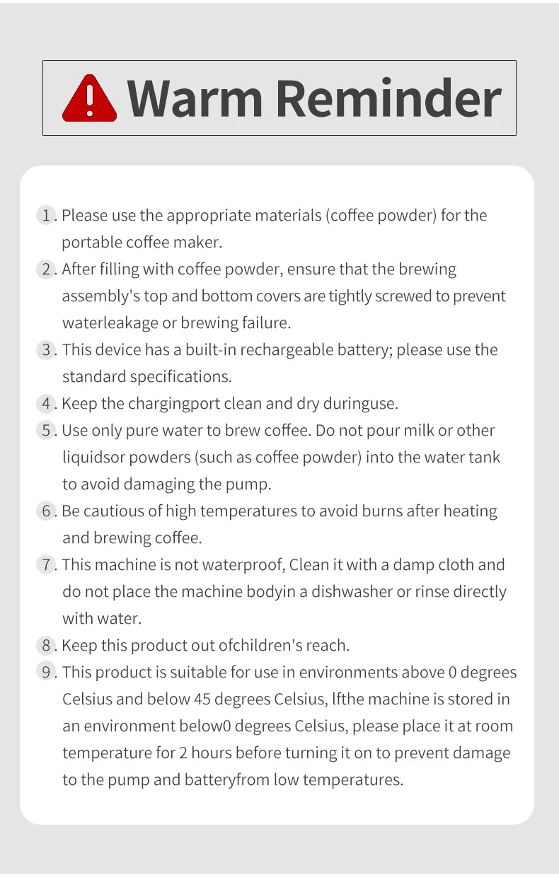 Care instructions for rechargeable portable coffee maker, emphasizing proper cleaning and usage to prevent damage.